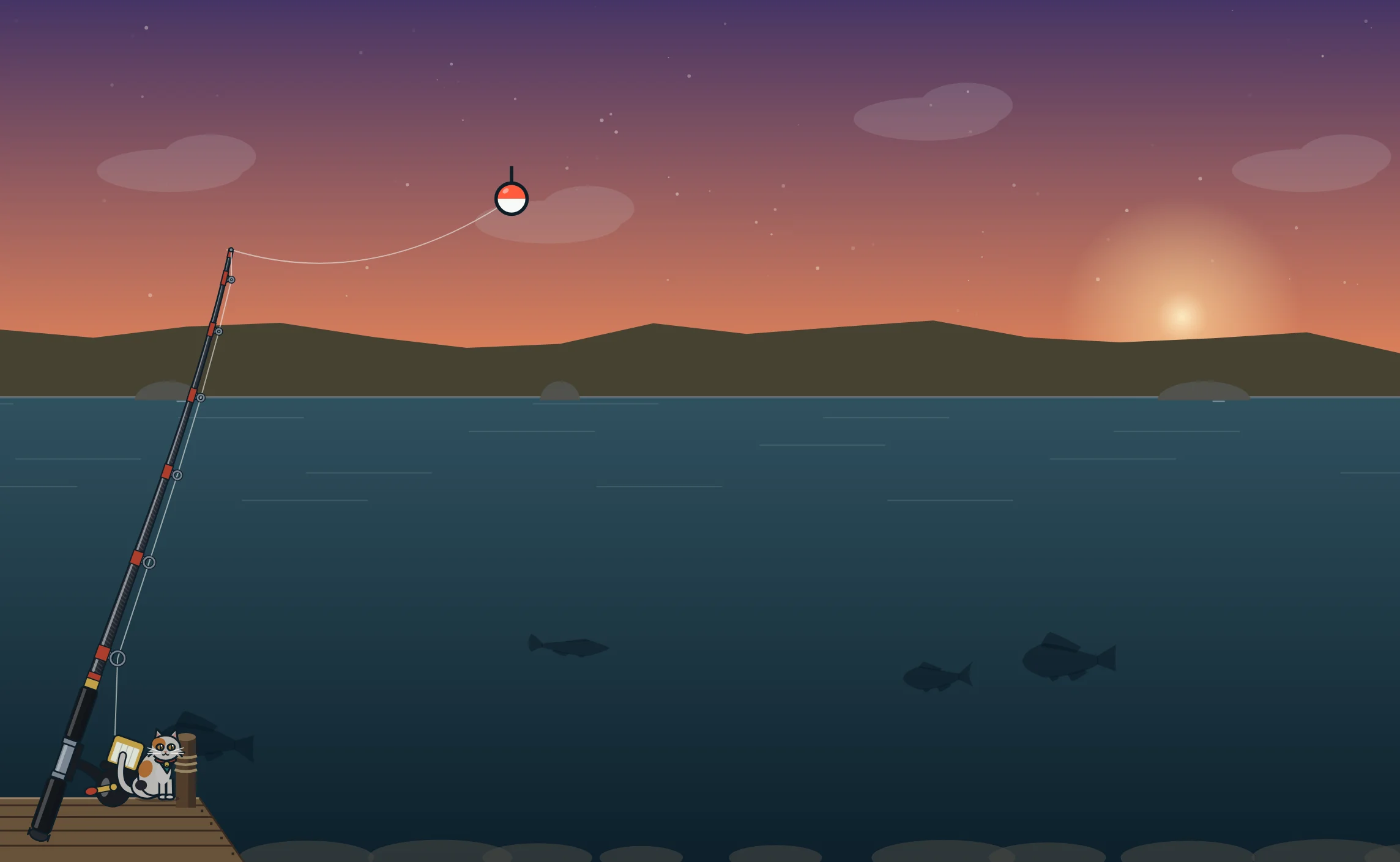 Brightwater: a fishing rod on a wooden dock at dusk, a cat sitting beside the reel