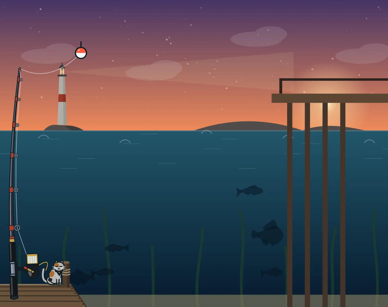 Breakwater Pier at dusk, a lighthouse behind