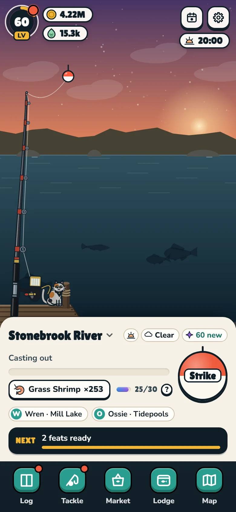 Fishing Stonebrook River at dusk, the cat asleep on the dock